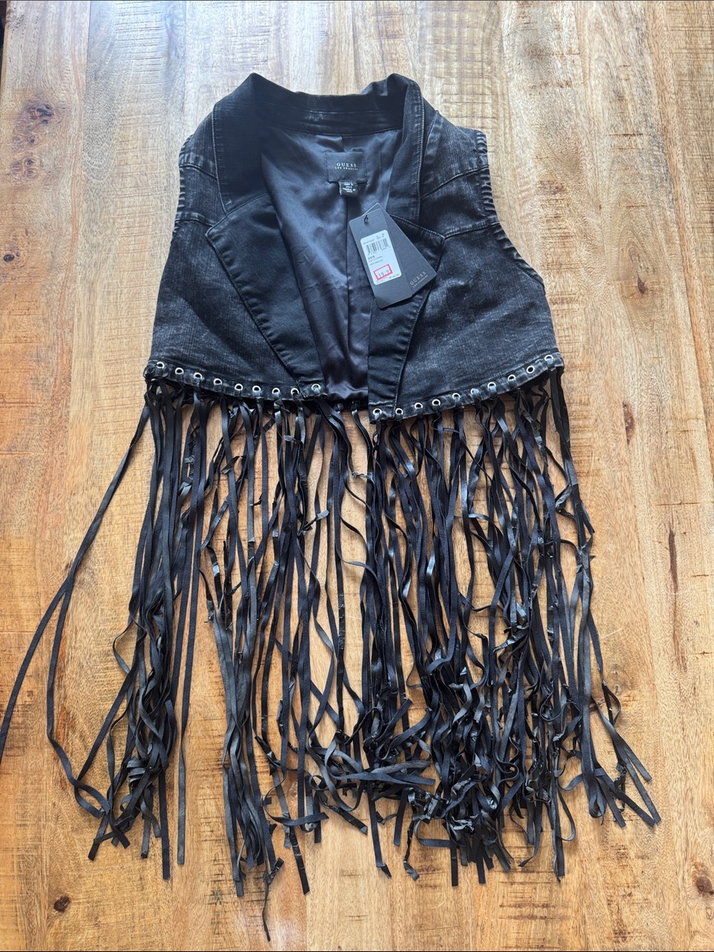 GUESS Black Lined fringe black denim western festival vest Jacket NWT